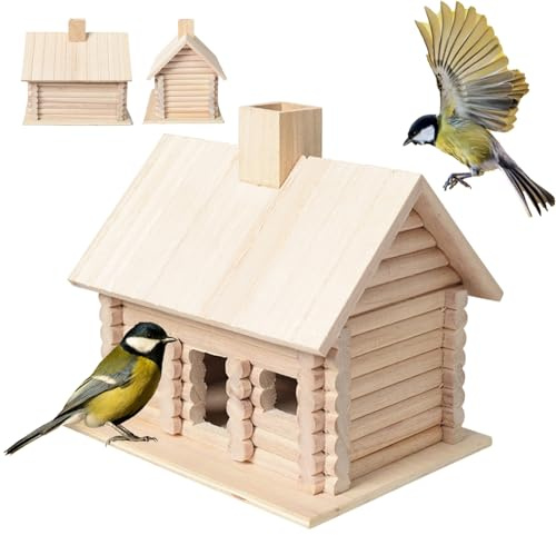 Birdhouses, Log Cabin Kit 7.7x5.9x7.3'' Breathable & Light-Transmitting Paulownia Bird House Smooth Polished Hanging Wood Bird House for Birds Taking Shelter