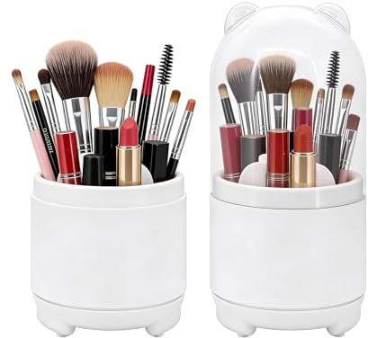Yuhtech Organizador de brochas de maquillaje con tapa a prueba de polvo, organizador de maquillaje, organizador de maquillaje, soporte para pinceles de maquillaje giratorio 360 grados para bolígrafos