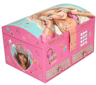 Depesche TOPModel Music - Großes Schmuckkästchen mit Code und Sound | in Pink und Türkis, mit Model Motiv, Schmuckbox mit Klappdeckel und Spiegel, 14158