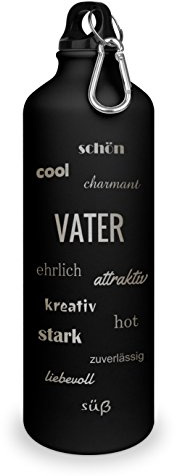 printplanet Trinkflasche mit Namen Vater - graviert mit Positive Eigenschaften, Aluminiumflasche mit Gravur, Sportflasche - Farbe weiß/schwarz