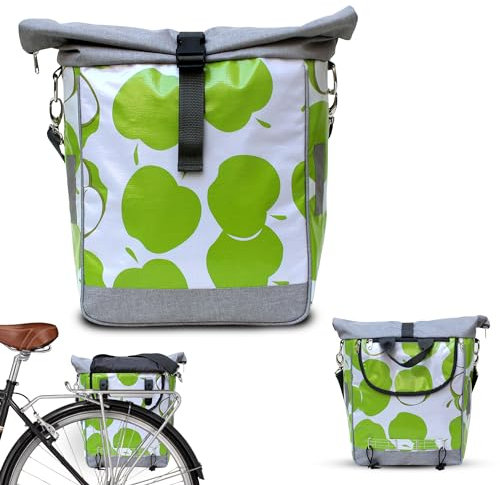 IKURI Fahrradtasche für Gepäckträger Satteltasche Einzeltasche Packtasche, abnehmbar, mit Tragegurt zum Umhängen, aus Wachstuch, UNISEX, Wasserdicht - Modell Manzanas Grün