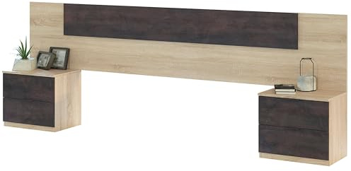 Habitdesign Modèle Alaya Tête de lit avec 2 Tables et 4 tiroirs 247 x 95 x 38 cm (l x h x p) Couleur chêne Canadien et Rouille
