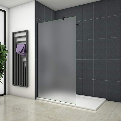 Aica Sanitär Duschwand Walk In Dusche 70cm Duschabtrennung 10mm NANO Milchglas Glas Duschtrennwand 200cm Höhe Splitterschutzfolie mit Schwarzen Anbauteilen