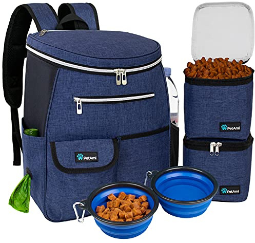 PetAmi Dog Travel Bag Backpack, Airline Approved Dog Bags for Traveling, Puppy Diaper Bag Supplies, Pet Camping Essentials Hiking Accessories Dog Mom Gift, Food Container, Collapsible Bowls, Navy Blue