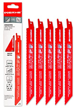 WERHE Reciprocating Saw Blades for Wood Metal, 200 mm, Bi-Metal, Set of 5 | 8 inch, 10-14 TPI, T-shank for cordless reciprocating saws, for pallets, plywood, sheet metal, nail cutting, 8 cobalt content