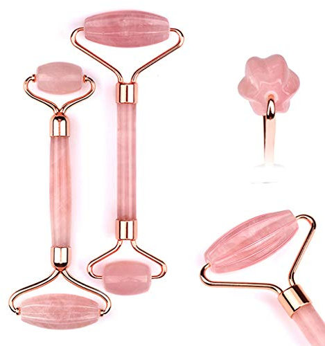 Körper Massage Gesichtsroller Gegen Falten Altersflecken Anti Aging Pflege Set Gesichtsbehandlung Natürliche Rosenquarz Roller Massage Gua Sha Set Gesicht, 14.4 * 5.7cm