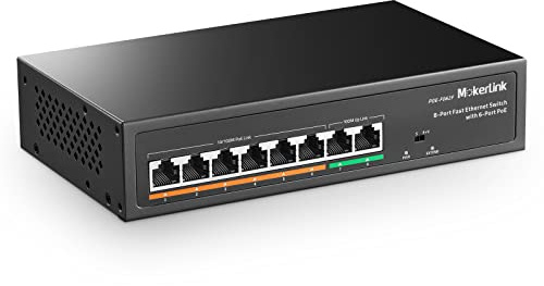 mokerlink 8 Puertos Switch PoE con 6 Puertos PoE+, 2 Uplink, 100Mbps, Detección de IA de 78W, Conmutador de Red Plug & Play de Metal sin Ventilador