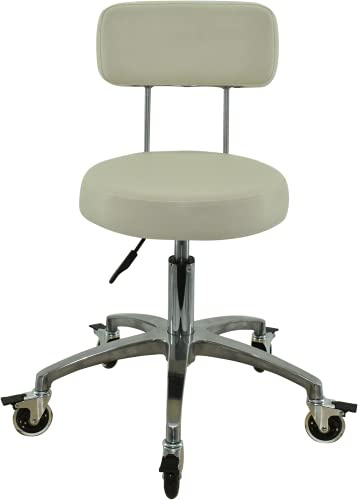 VAKON SALON - Rollhocker mit Lehne in Weiß - Rollen mit Bremse - Höhenverstellbarer erstellbar von 50 bis 65 cm - Drehhocker Arbeitshocker Praxishocker