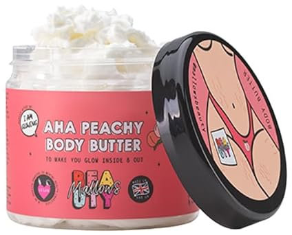 Mallows Beauty AHA Peachy Shea Body Butter, with Essential Oils, Vitamin A,Vitamin E, and Shea Butter, Gently Exfoliates and Brightens Skin, Vegan, 180g