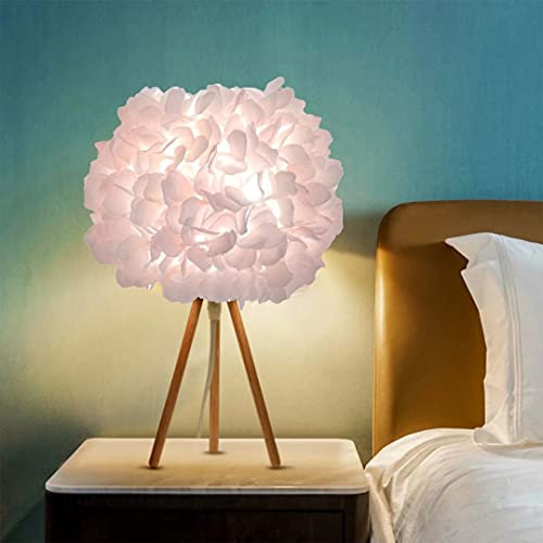 Lampe de chevet à fleurs en soie rose Lampe de table à fleurs avec abat-jour de table à base en bois triangulaire pour salon, chambre, décoration de la maison