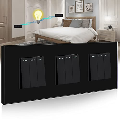 BSEED Lichtschalter Unterputz Schalter Physische Taste Schalter Tripel 3 Fach 2 Wege Wechselschalter Glas Lichtschalter 10A Wandschalter Kristall Schwarz Kippschalter