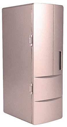 Riloer Car Mini Fridge, 5V 10W USB Portable Fridge Refrigerator with LED Light, Dual Use Cooler and Warmer Fridge for Car RV Office Home, Silver/Rose Gold