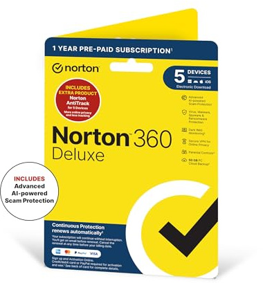 Norton 360 Deluxe & Antitrack 2026, Antivirus Software for 5 Devices, 50GB, 12 Month Subscription ‎with ‎Automatic Renewal