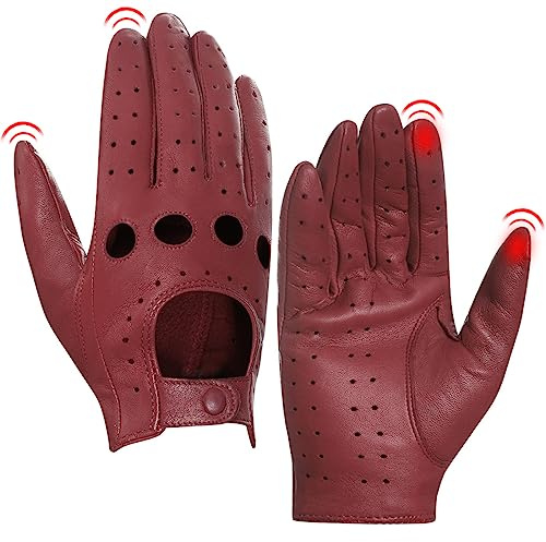 Harssidanzar Damen Leder Fahrhandschuhe, Lammfellhandschuhe, Sommer Leder Touchscreen Fahrhandschuhe, ungefüttert, Lammfellhandschuhe, Damen Lederhandschuhe GL009EUA,Burgund,Größe L