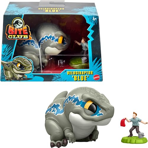 Mattel ​Jurassic World Bite Club Sammelfigur, Velociraptor 'Blue' Chubby Stilisierte Dinosaurier ca. 10,2 cm Figur mit Zubehör ​, HVB37, Mehrfarbig