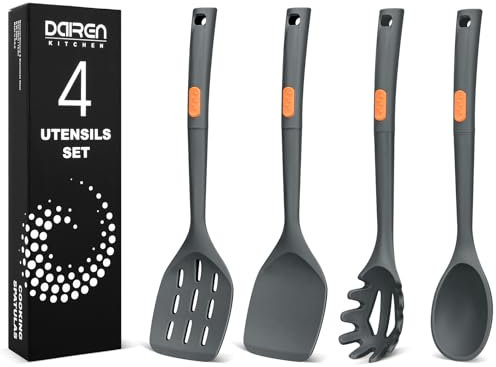 Silicone Cooking Spatulas and Spaghetti Spoons, 4 Pack Heat Resistant Full Silicone Cooking Utensils Set, Non Stick Large Kitchen Silicone Spatula Spoons for Cooking, Mixing, Serving, Draining (Grey)
