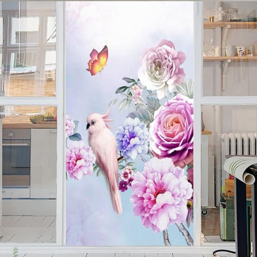 Blume 3D Fensterfolie Vogel Selbsthaftend Statisch Opaque Privacy Glass Sticker Fensteraufkleber Türfolie Ensterfolie Selbsthaftend Blickdicht 50x100cm