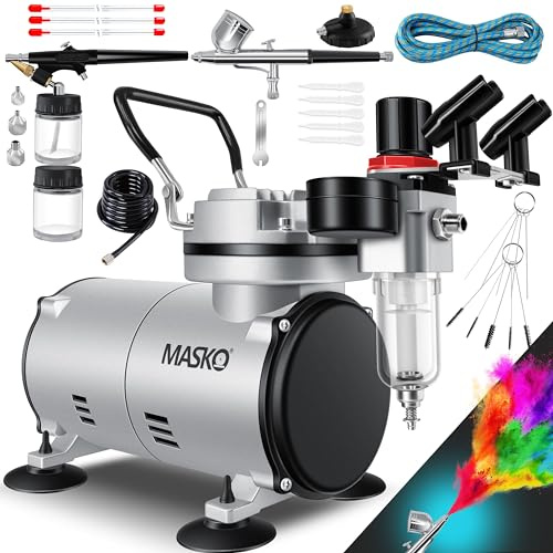 MASKO® Set aerografo con pistola per aerografo, set completo per pittura artistica, con compressore a 4 bar, aghi e ugelli in accessori, set multifunzione con manomter e filtro dell'aria