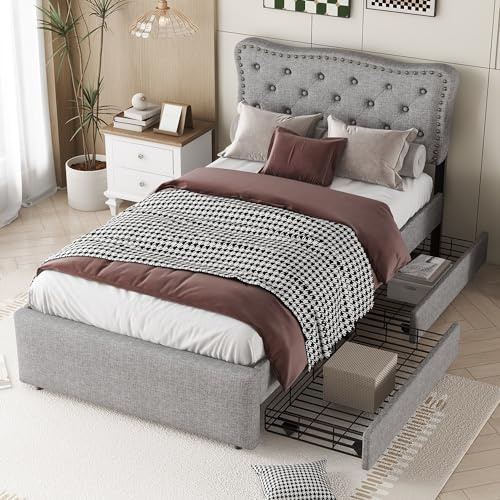 Moimhear Flaches Bett 90x200 cm, Gepolstertes Bett, Nachttischpolsterung mit dekorativen Nieten, doppelte Schubladen (Grau)