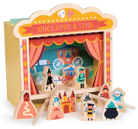 Mentari Juguetes - Teatro de mesa de madera - Escenario con fondos intercambiables, accesorios, personajes magnéticos móviles - Juego creativo para niños - Desarrolla habilidades motoras, narración e
