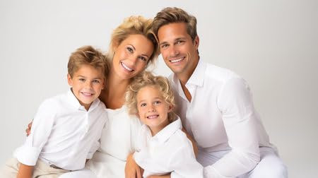 Holz-Bild 140 x 80 cm: Glückliches Paar mit Kindern wird im Studio in weißer Kleidung fotografiert. Hochwertiges Foto (215897810)