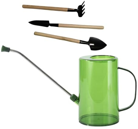 Milageto 1L Gießkanne mit langem Auslauf und abnehmbarem Sprühkopf, kleine Gießkanne für Bonsai-Pflanzen im Garten zu Hause, Hellgrün mit 3 Gartengeräten