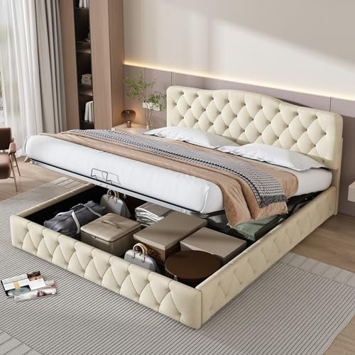 Polsterbett 180X200 Mit Lattenrost Und Kopfteil, Jugendbett, Polsterbett Mit Höhenverstellbares Kopfteil, Stauraumbett, Samt, Beige