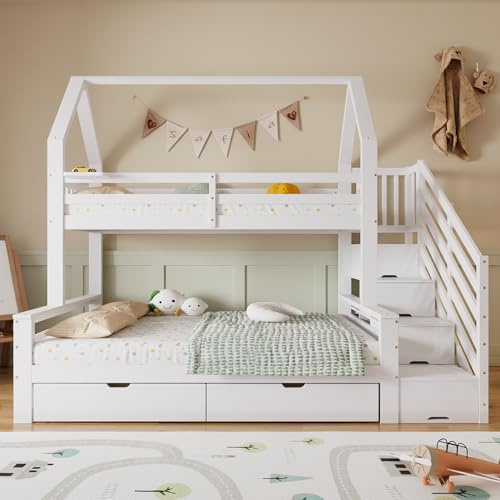 Hausbett Etagenbett 90 x 200 +140 x 200 mit Treppe und 2 Schubladen, Drei-Schläfer Hochbett Kinderbett Stauraumbett, Kinder und Mutterbett Funktionsbett Stockbett Jugendbett, Kieferbettrahmen, Weiß