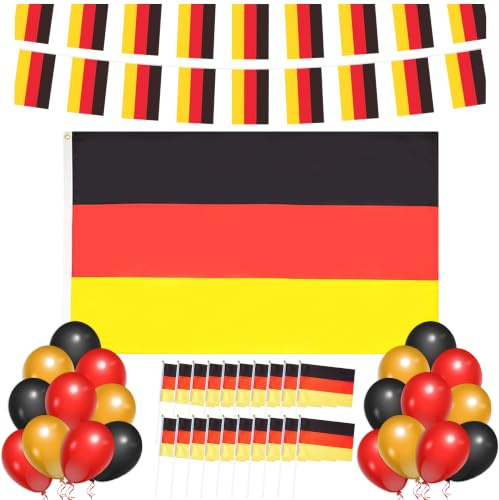 Funnlot Deutschland Flagge, Flagge 150 x 90 cm & 13m Deutsch Fahnenkette & Handgehaltene Flaggen und Luftballons Dekoration Set