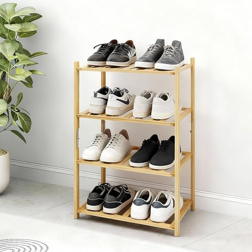 Akloya Kleines Schuhregal, Mehrzweck-Schuhregal mit 4 Ebenen, kleine Bambusregale für Schuhe, Pflanzen, Bücher, Wohnzimmer, Flur, Schlafzimmer, Badezimmer (4 Etagen)