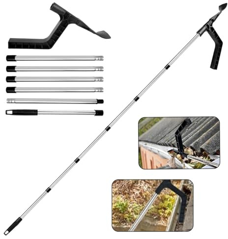 Aolawco 250cm Gutter Cleaning Tools, Telescopic Gutter Cleaner with 6-Section Pole, Gutter Cleaning Scraper for Cleaning Leaves and Debris