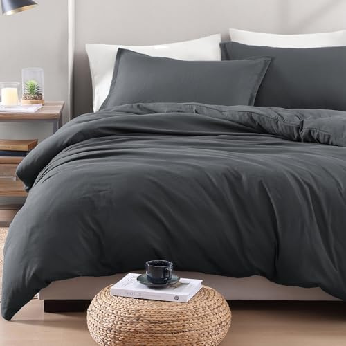 LANE LINEN 4-Piece Double Bedding Set - Pre-Washed Microfiber Duvet Cover, Fitted Sheet, and Pillowcase – Cozy and Durable (Charcoal)