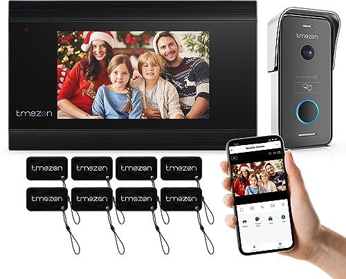 TMEZON WLAN IP Video Türsprechanlage 2 Draht,1080P Türsprechanlage mit Kamera,7''IP Touchscreen,APP/Swipe Card Unlock,Live-Ansicht und Gespräch via App,Bewegungsmeldung