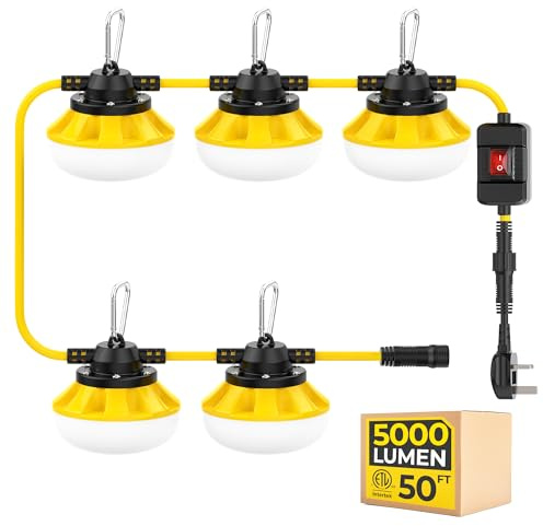 HYANGLUX 50ft LED Switch String Lights: 50w 5500lm ETL Listed Bright Industrial Outdoor Temporary Lighting Hanging IP65 Waterproof 18AWG Wire Work Construction Light for Attic Jobsite Garage