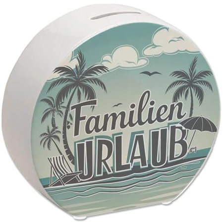 Familien Urlaub Spardose mit Strandmotiv Perfekte Deko für Ihren Familienurlaub im Strandthema mit Palmen Strandstuhl Sonnenschirm hellblauem Himmel und weißem Sand