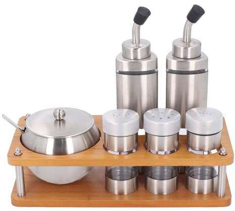 Öl Essig Salz Pfeffer Gewürzspender Set, Öl und Essigflaschen Set mit Holzgestell, Küchen Edelstahl Kunststoff Gewürze, Pfefferstreuer, Aufbewahrung für Salz, Zucker