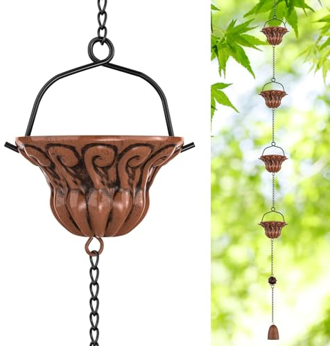 8.6ft Rain Chain for Outside, 10 Bell Cups Copper Rain Chains for Gutters, Rain Catcher Chain, Garden Decorative Rainwater Gutter Chains Rain Diverter for Roof Replace Downspout (Vintage Copper)