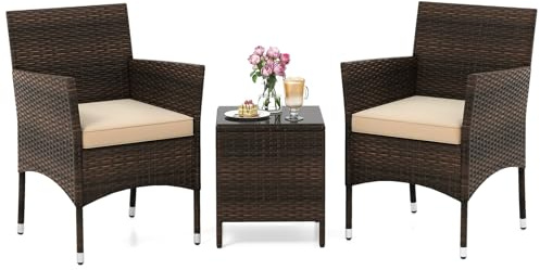 COSTWAY 3-Piece Patio Bistro Set, PE Rattan Furniture Set with Soft Cushions & Tempered Glass Top Table, Outdoor Furniture Wicker Conservatory Set for Patio, Balcony (Mix Brown+Beige, 57 x 57 x 82cm)