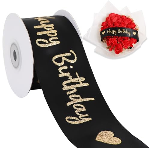 TONIFUL Glitzerndes schwarzes Satinband mit Aufschrift Happy Birthday, 5,1 cm x 9,1 m breit, bedrucktes glänzendes Band für Geschenkverpackungen, Blumenstrauß-Dekoration, Basteln, Bannerherstellung