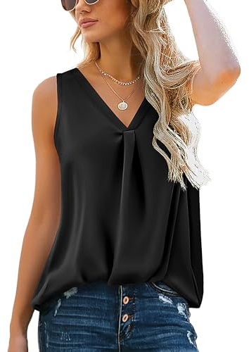 Hotouch Damen Satin Tanktops Ärmellose Tank Top Silk Cami V-Ausschnitt Lässig Blusentop Basic Einfarbig Weste Elegant Oberteile Schwarz XXL