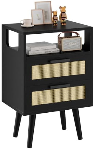 YMYNY Mesita de Noche de Ratán, Mesa Auxiliar, Mesa de café, Mesilla de Noche con 2 Cajónes, Comoda Boho, Piernas de Madera Maciza, 39x29x59 cm, para Dormitorio, Oficina, Salón, Negro HST015B