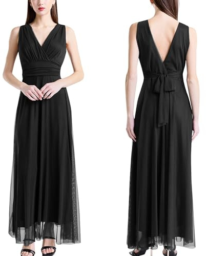 VALORIALUXE Abito Lungo da Cerimonia Donna in Tulle Elasticizzato con Scollo a V – Made in Italy (IT, Testo, L, Regular, Regular, Nero)