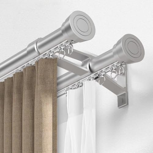 Bastoni per Tende Doppi con Sistema di binari, bastoni per Tende in Metallo Regolabili da Parete per Tende e Drappeggi, bastoni per Tende Grigi da 160 cm con terminali