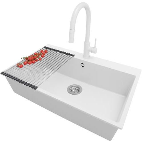 PRIMAGRAN Fregadero Granito al Mueble 80cm + Grifo, 78x50cm | Set: Grifo BW9010 + Kit de desagüe + Enrollable Escurridor + Riga 1 Seno para Cocina, Blanco