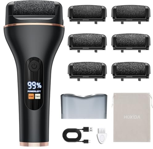 Hoxida Electric Foot File for Hard Skin with 6 Replacement Rollers, IPX7 Waterproof Rechargeable Callus Remover for Feet Pedicure Set for Dead Skin (Black)