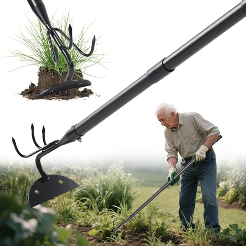 Rastrillo de jardín de 150 cm, ajustable, mango largo, azada pesada, herramientas de jardín para deshierbar y aflojar la tierra para jardín, césped y trabajo en el patio