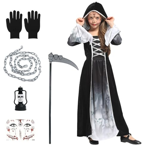 Costume da triste mietitore, per bambini, costume da scheletro con catena da falce mietitore, guanti adesivi, lampada a forma di teschio, costume spaventoso per Halloween, costume per bambini e