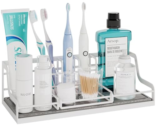 Zahnbürstenhalter für Badezimmer Organizer, 6 Slots Soforttrocken Halter Elektrische Zahnbürste mit Wasserabsorbierendem Kieselgur, Badaccessoires mit Verstellbar (Weiß)