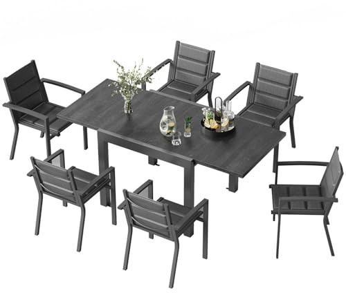 TRIUMPHKEY 6 Personen Gartenmöbel-Set aus Aluminium, 1 Ausziehbarer Tisch (80-160 cm) & 6 stapelbare Stühle Balkon und Terrassen Lounge Set, Dunkle Holzmaserung