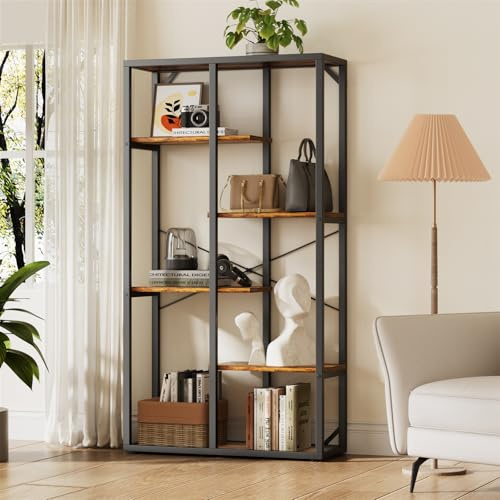 OCTORO Bücherregal, Regal mit 6 Einlegeböden, Standregal, Bücherregal aus Holz, Geeignet für Wohnzimmer, Küche, Arbeitszimmer, Schlafzimmer, Büro, Braun